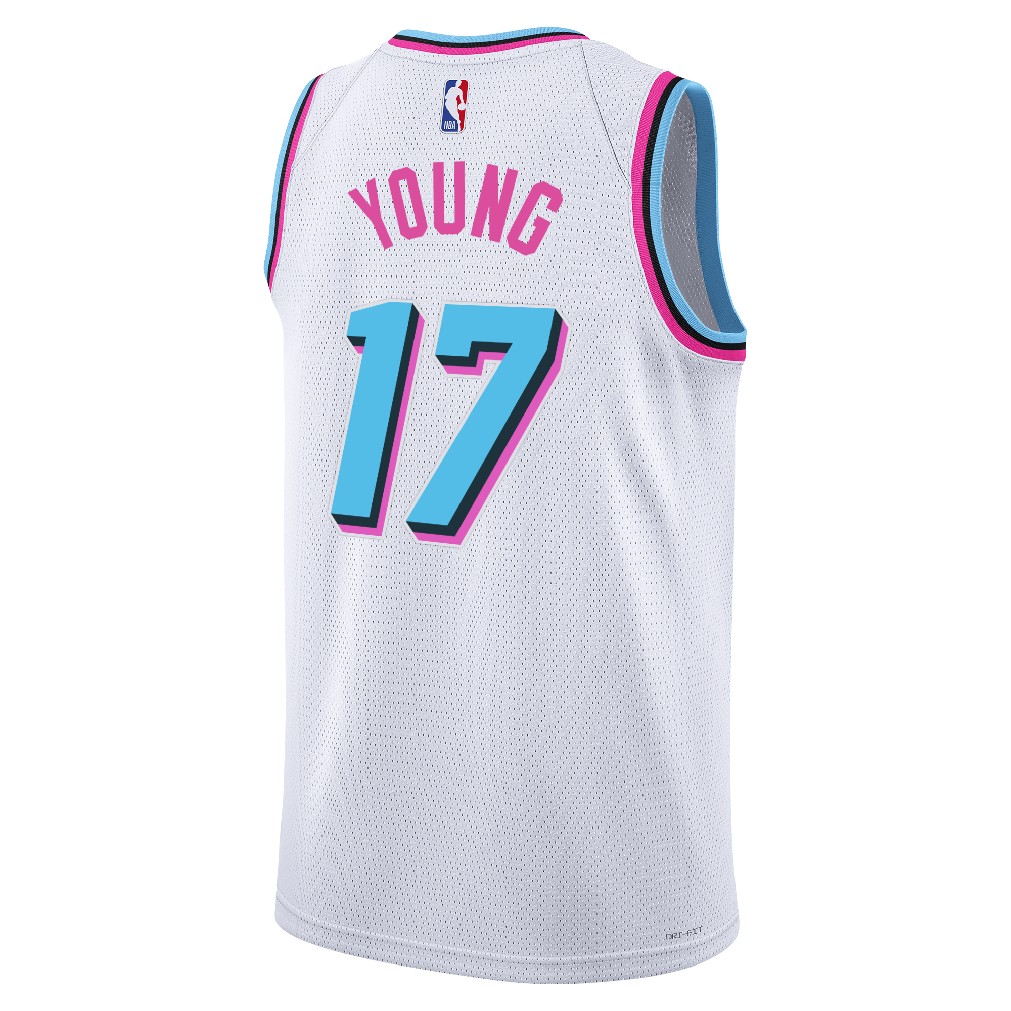 The Nike Jahmir Young Original Vice Swingman Jersey is a white basketball jersey with pink and blue trim, inspired by the Miami HEAT Vice uniform. It features 
