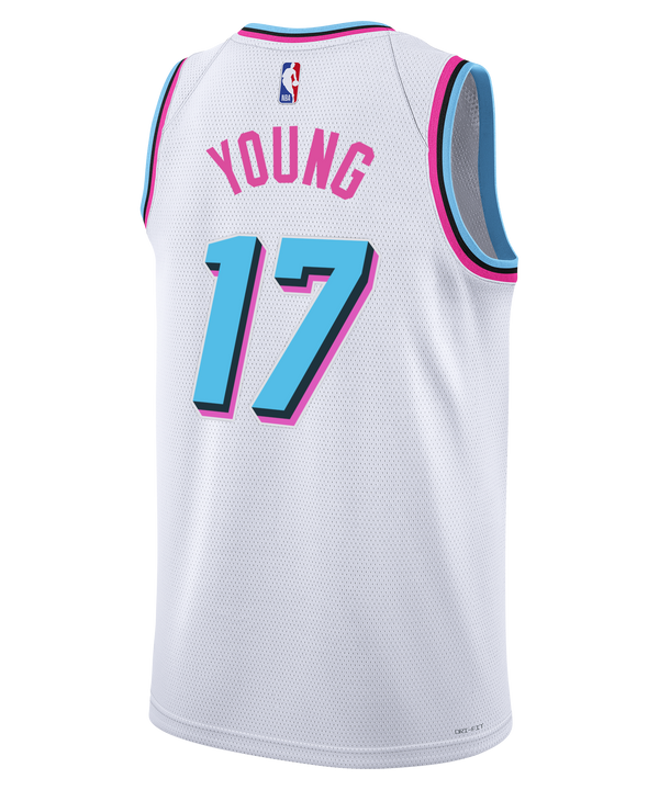 The Nike Jahmir Young Original Vice Youth Swingman Jersey features a white Miami HEAT Vice design with pink and blue trim, 