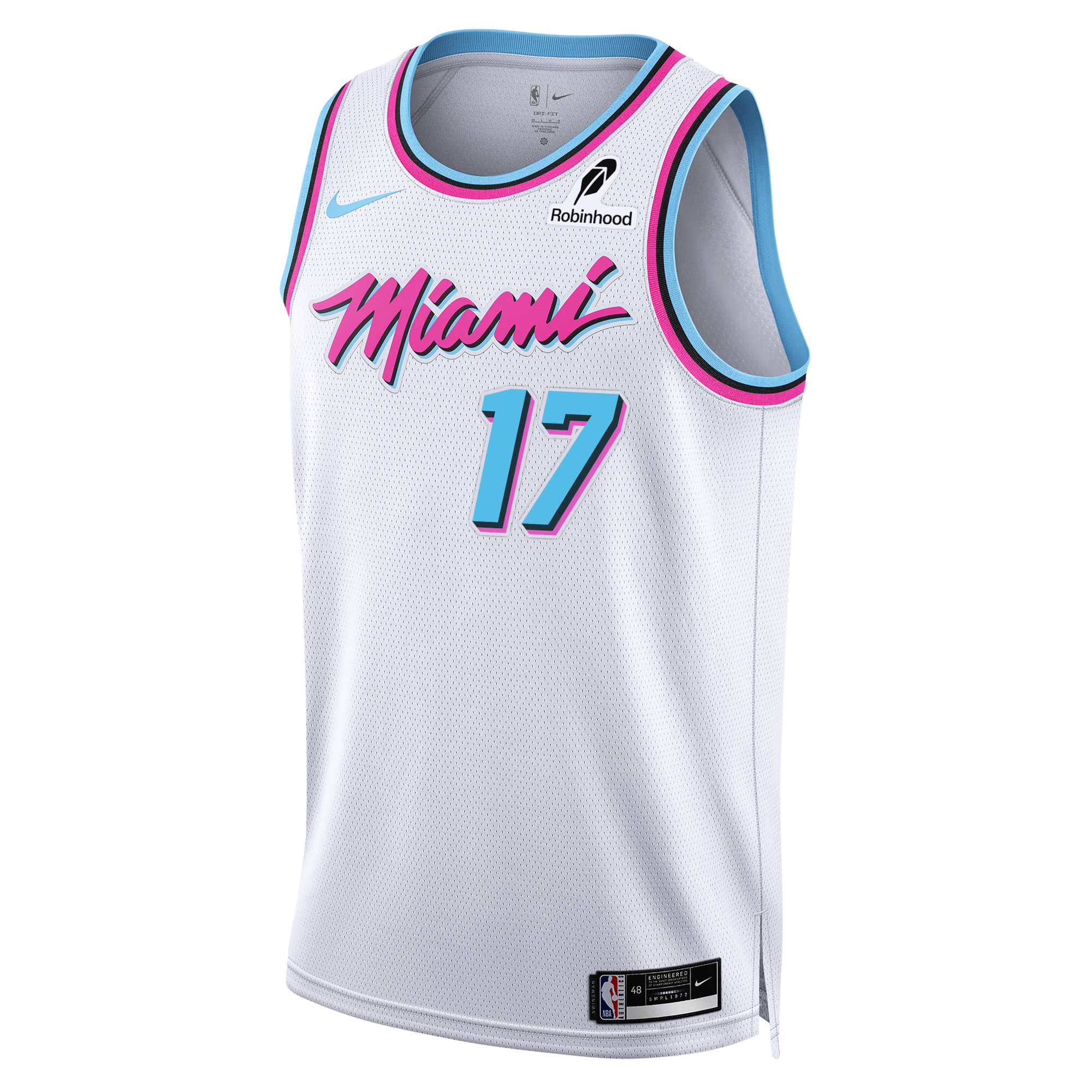 The Nike Jahmir Young Original Vice Youth Swingman Jersey features a white Miami HEAT Vice design with pink and blue trim, 