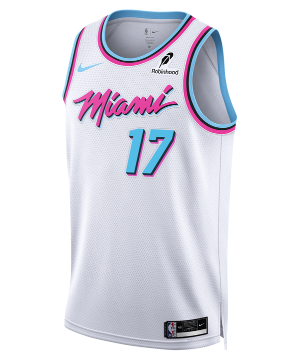 The Nike Jahmir Young Original Vice Youth Swingman Jersey features a white Miami HEAT Vice design with pink and blue trim, 