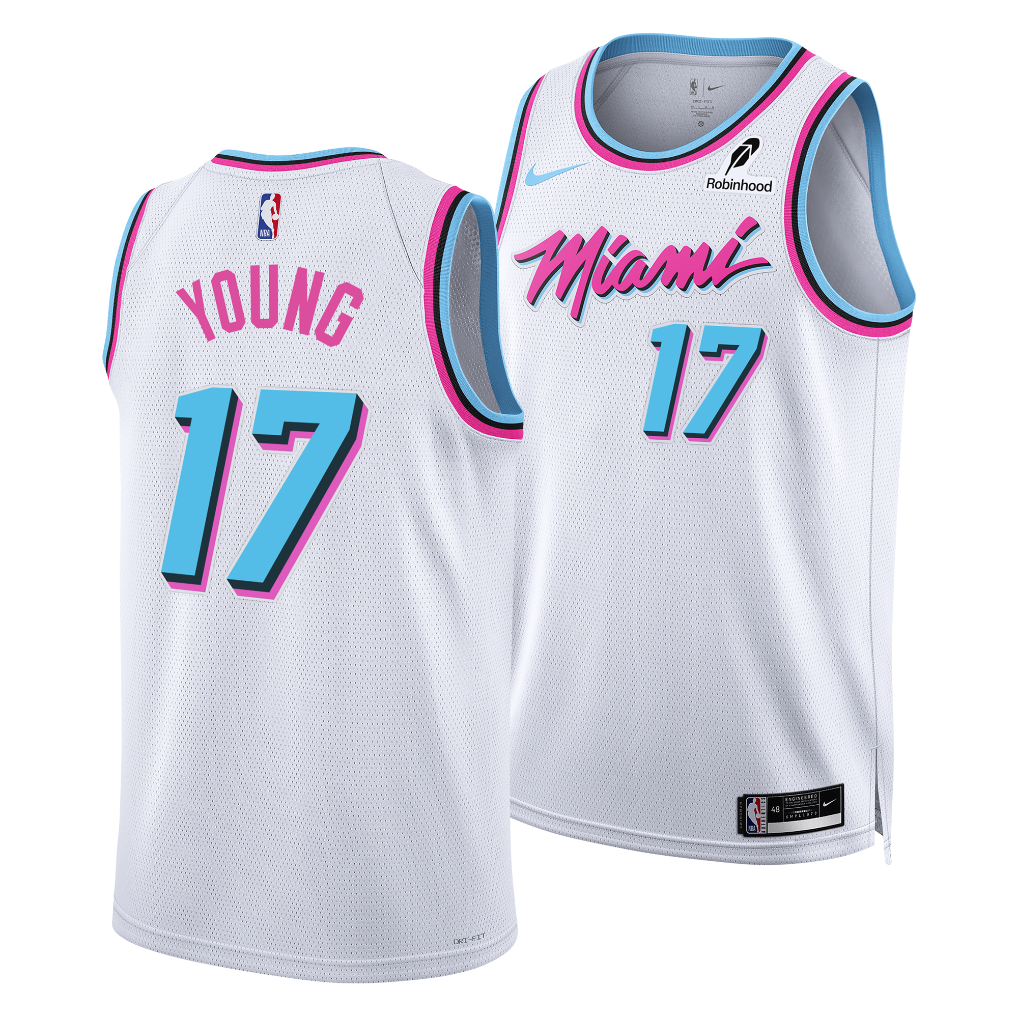 Front and back view of the Nike Jahmir Young Original Vice Swingman Jersey, City Edition. White with pink and blue trim; 