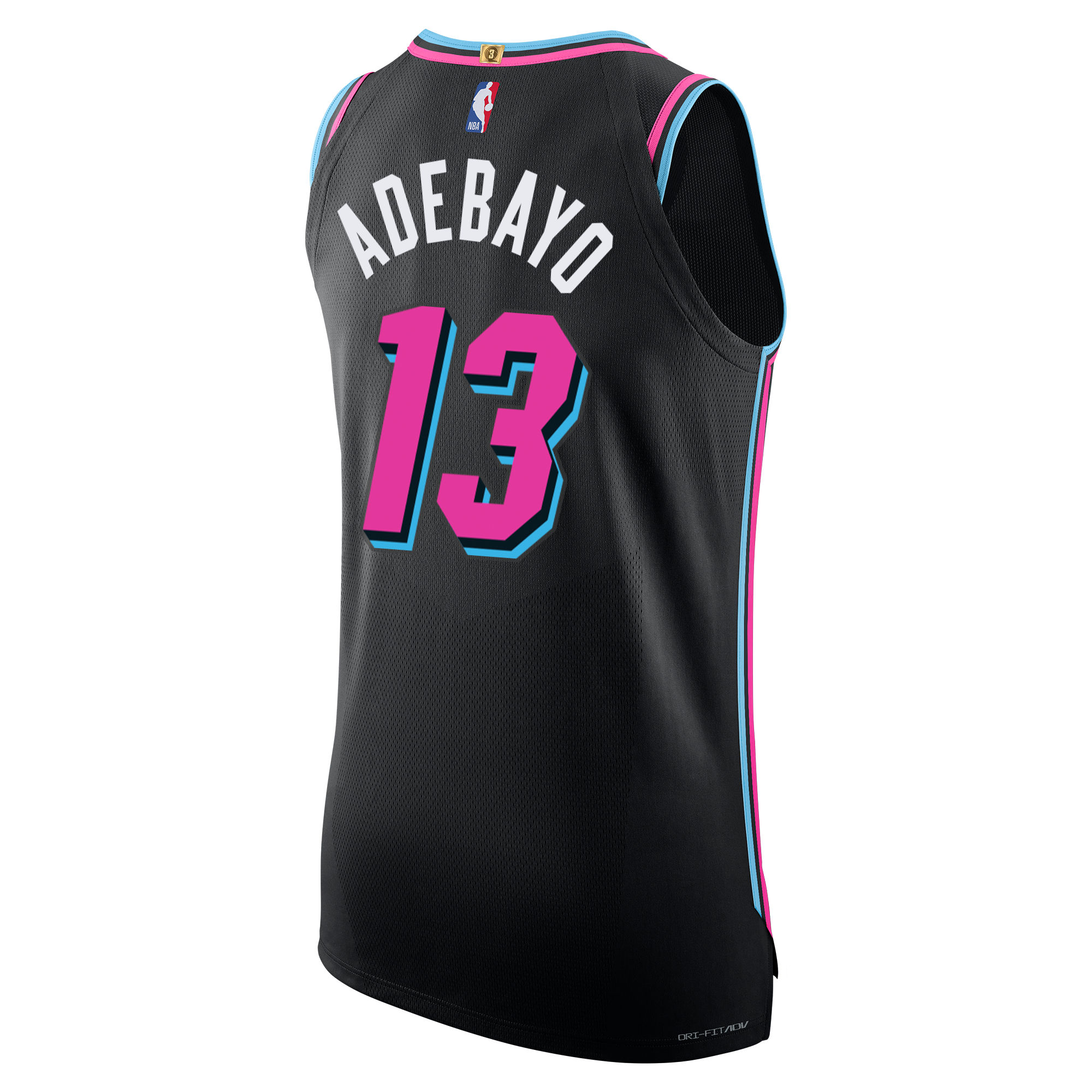 The Bam Adebayo Nike Original Vice Nights Authentic Jersey features ADEBAYO and 13 in bold pink and blue on black, with NBA, Nike logos, and a 20th Anniversary patch.