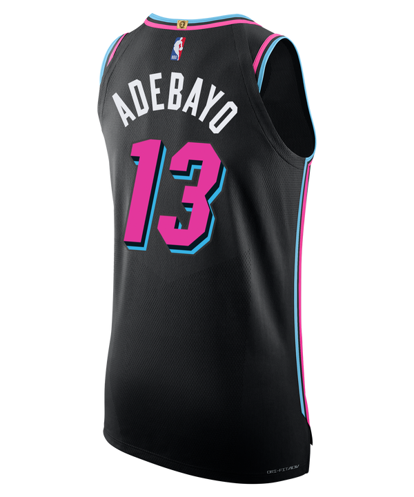 The Bam Adebayo Nike Original Vice Nights Authentic Jersey features a black design with neon pink and blue trim, Miami script and number 13, Nike and Robinhood sponsor logos, plus a 20th Anniversary patch.