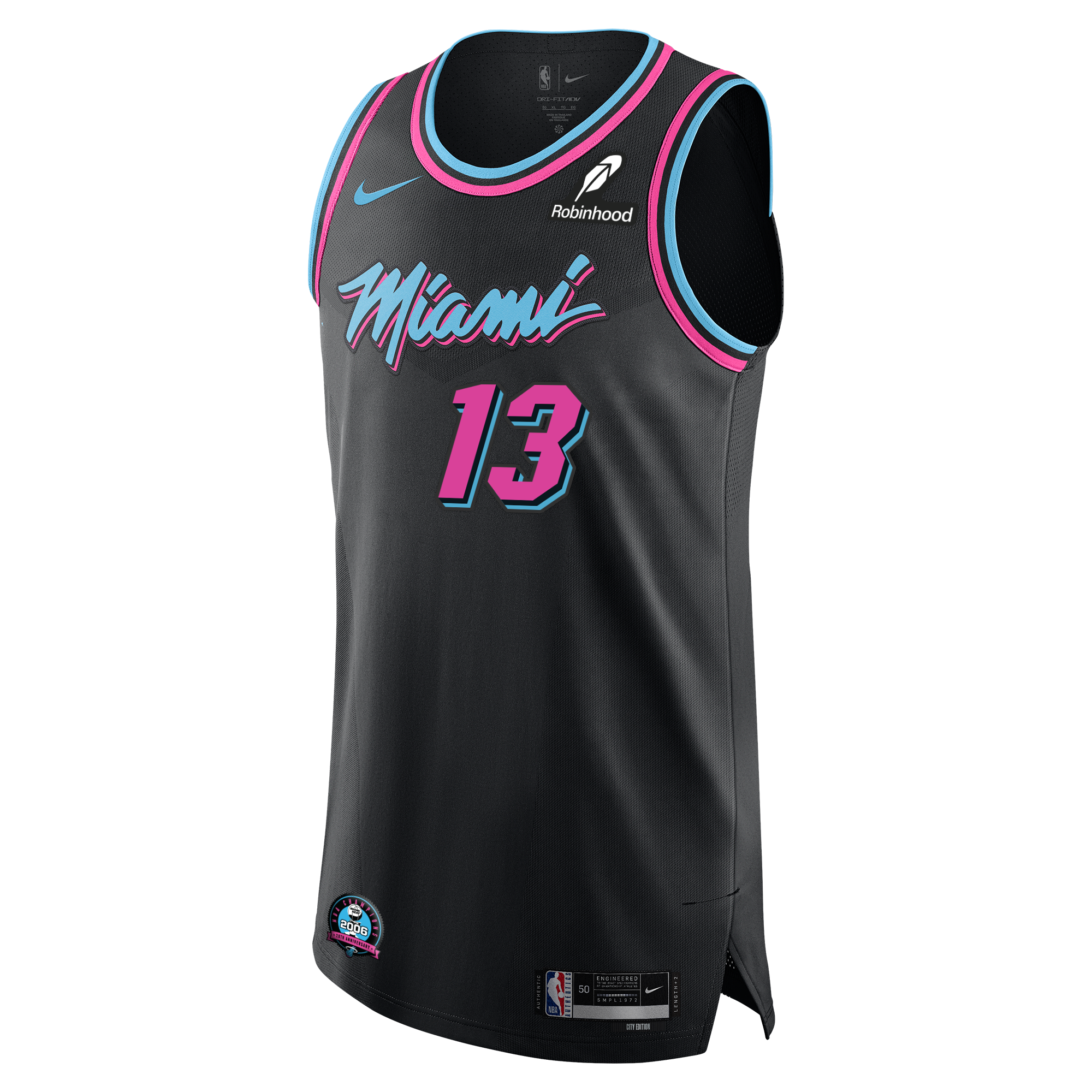 The Bam Adebayo Nike Original Vice Nights Authentic Jersey features a black design with neon pink and blue trim, Miami script and number 13, Nike and Robinhood sponsor logos, plus a 20th Anniversary patch.