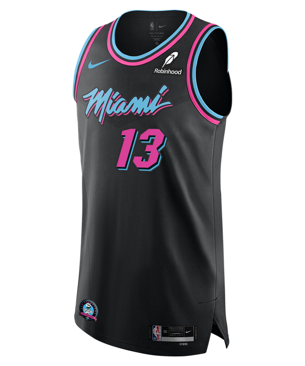 The Bam Adebayo Nike Original Vice Nights Authentic Jersey features a black design with neon pink and blue trim, Miami script and number 13, Nike and Robinhood sponsor logos, plus a 20th Anniversary patch.