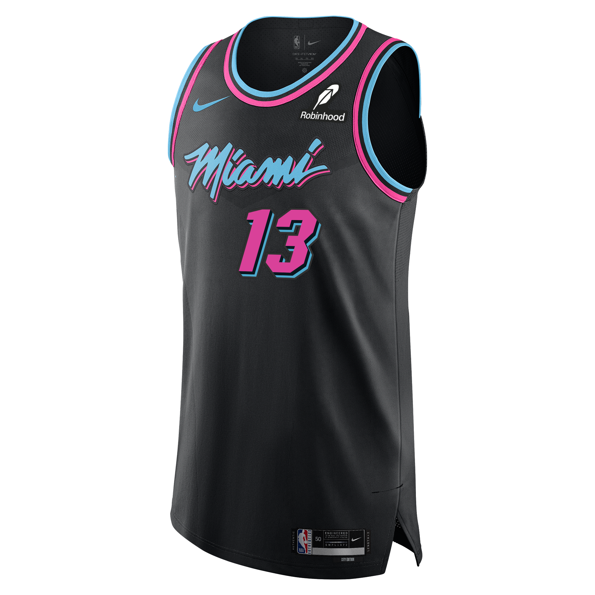 The Bam Adebayo Nike Original Vice Nights Authentic Jersey features Miami Heat black with blue, pink, and white accents, twill team details, a pink-script 