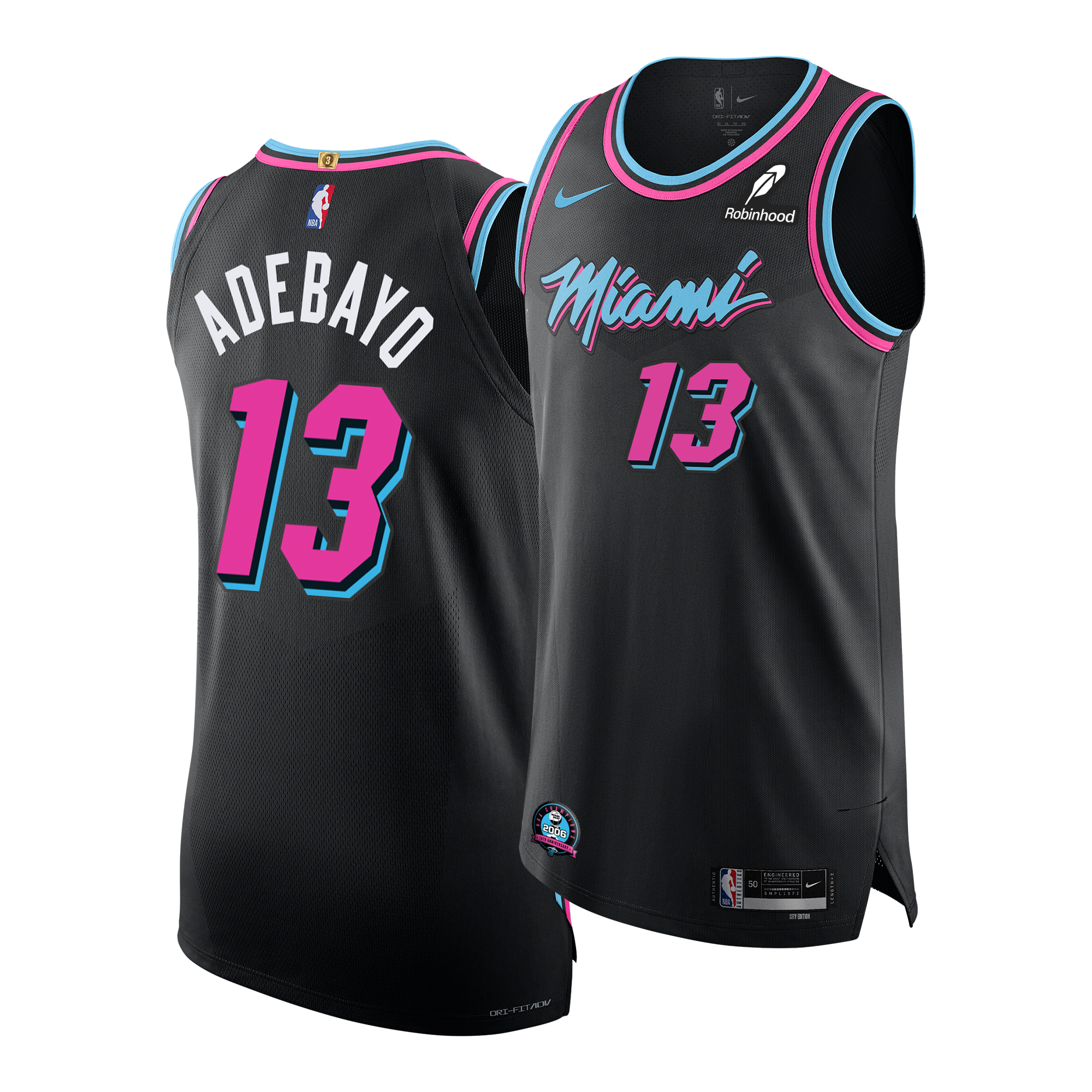 Two black Nike Bam Adebayo Vice Nights Authentic jerseys with pink and blue accents: one features ADEBAYO and 13, the other has the Miami script and 13. Both include sponsor logos and a special 20th Anniversary patch.