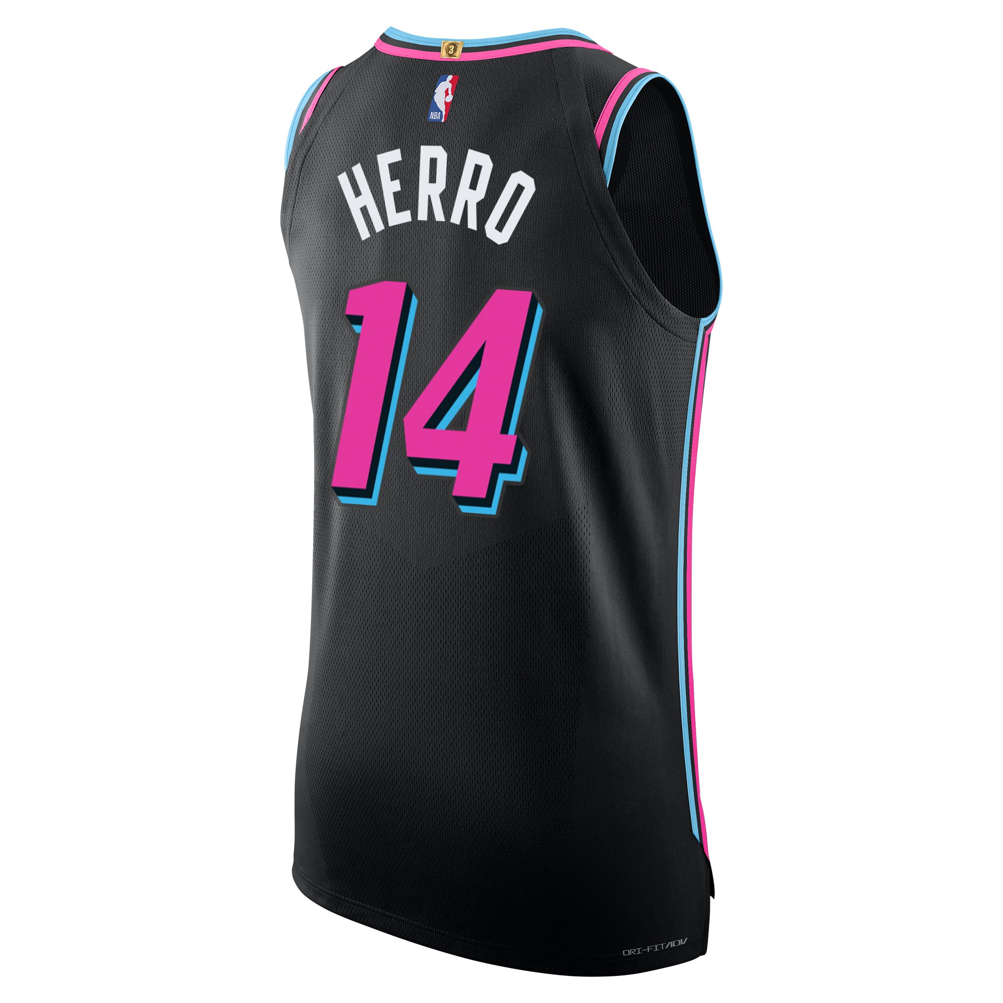 The Tyler Herro Nike Original Vice Nights Authentic Jersey features a black design with pink and blue details, HERRO and number 14 on the back, and the NBA logo at the top. This official Nike jersey is available in Authentic style.