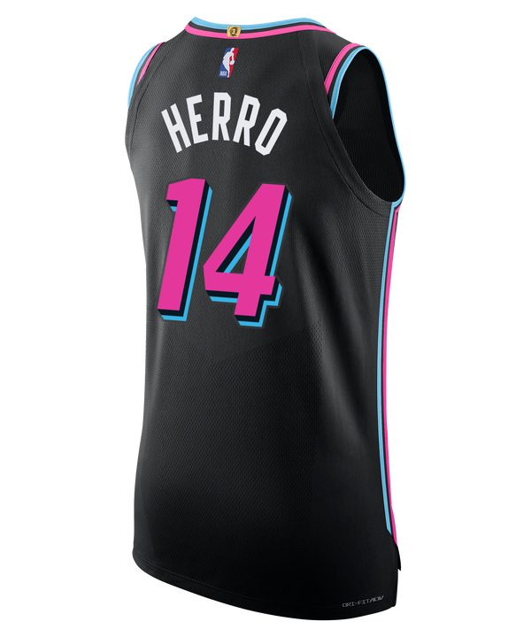 The Nike Tyler Herro Original Vice Nights Authentic Jersey features a black design with pink and blue trim, 