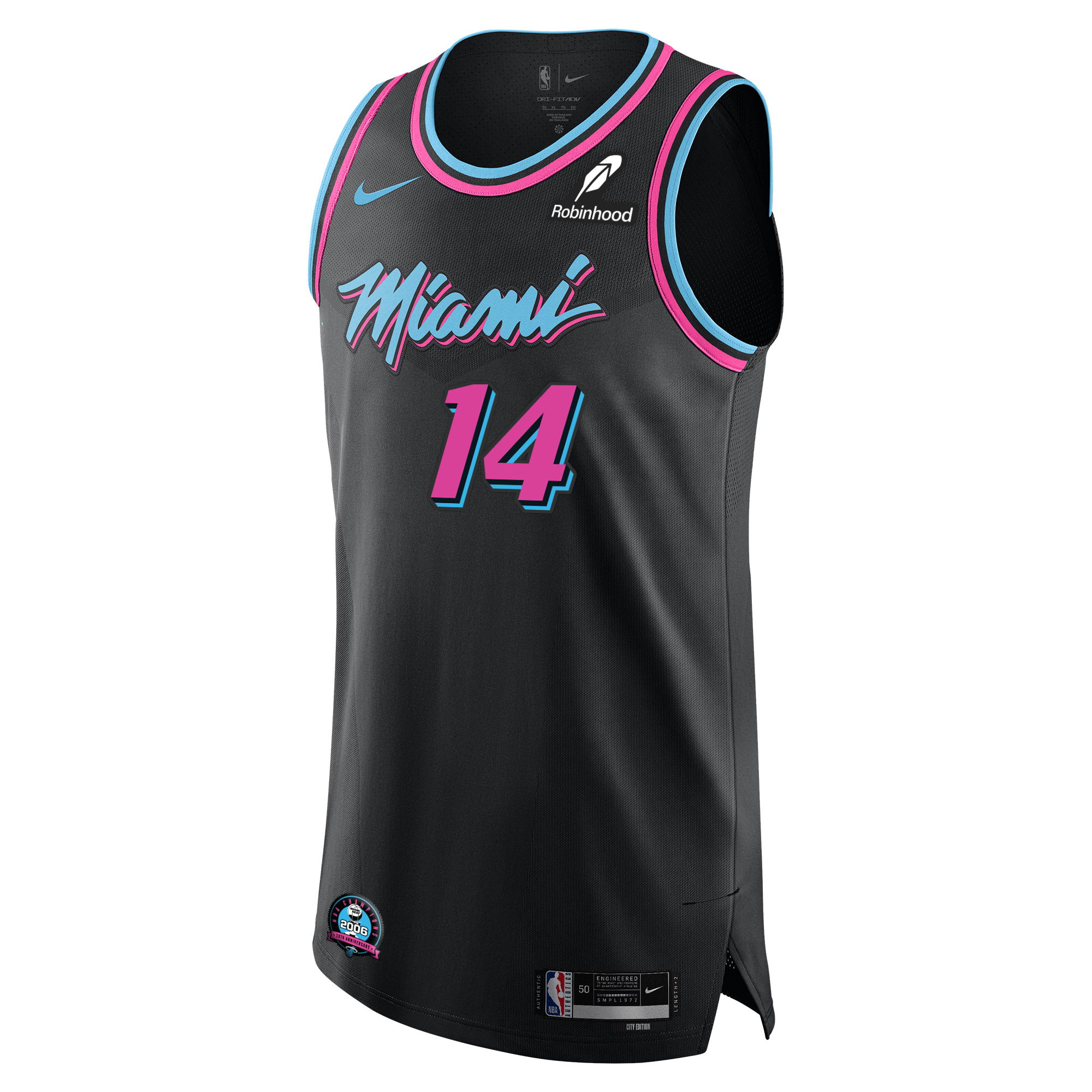 The Nike Tyler Herro Original Vice Nights Authentic Jersey features a black design with pink and blue trim, 