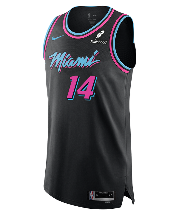 The Tyler Herro Nike Original Vice Nights Authentic Jersey features Miami's stylized script, number 14, pink and blue trim, twill team details, Nike and Robinhood logos, and a classic jock tag at the hem.
