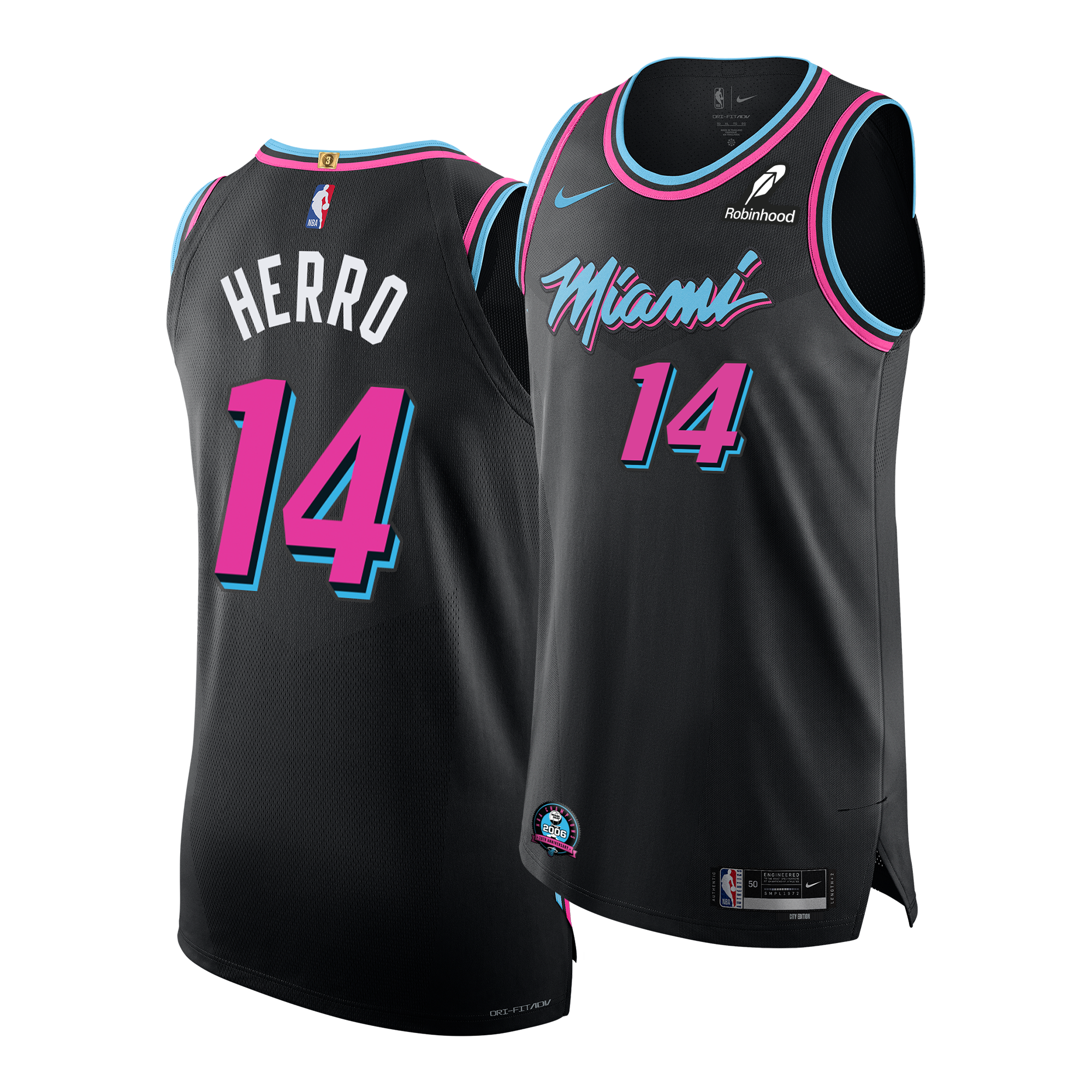 Two Nike Tyler Herro Original Vice Nights Authentic jerseys: both black with pink/blue trim. One features HERRO and 14; the other has 