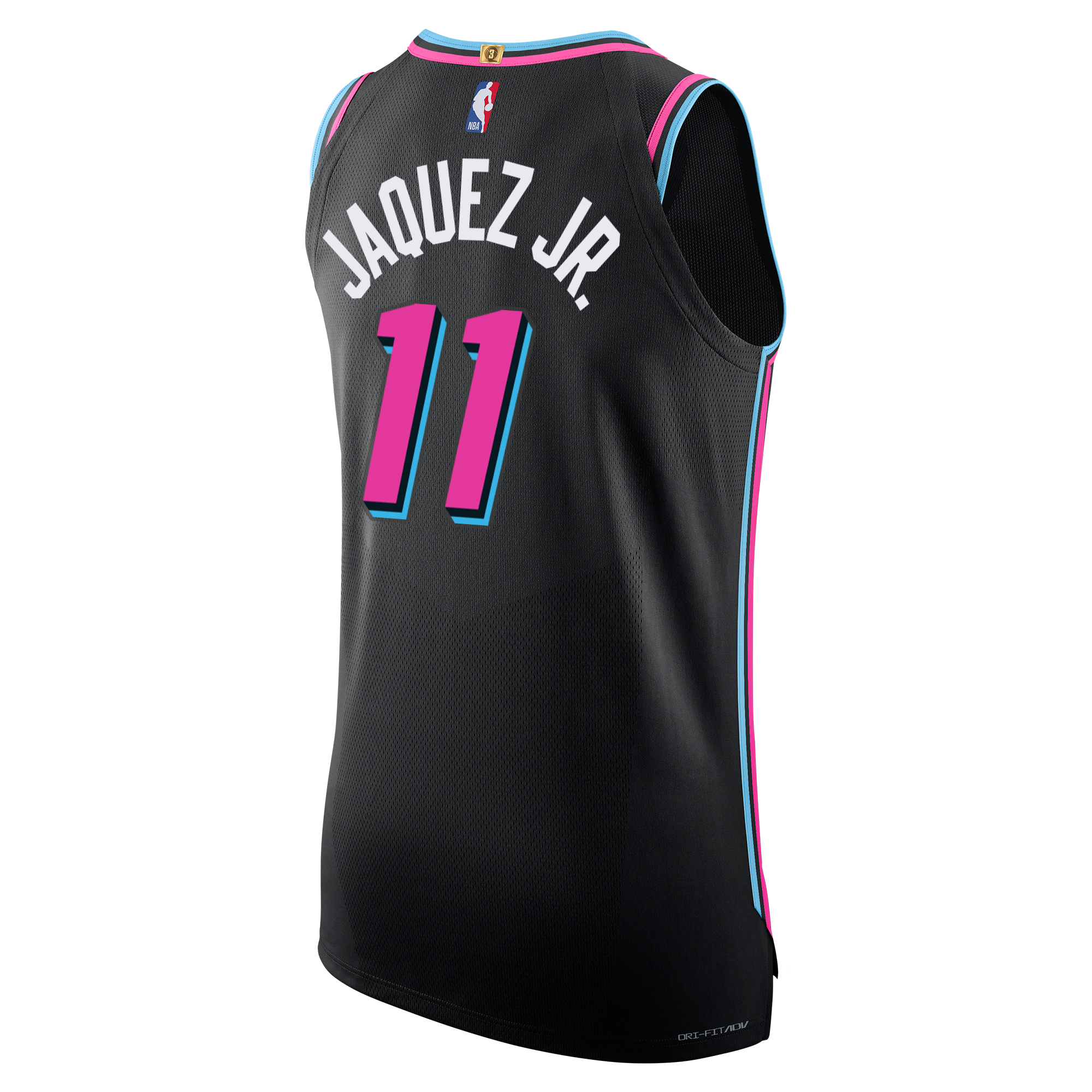 The Nike Jaime Jaquez Jr. Original Vice Nights Authentic Jersey features a black design with pink and blue accents, Jaquez Jr. and number 11 on the back, shown from a rear angle—available in Authentic style.