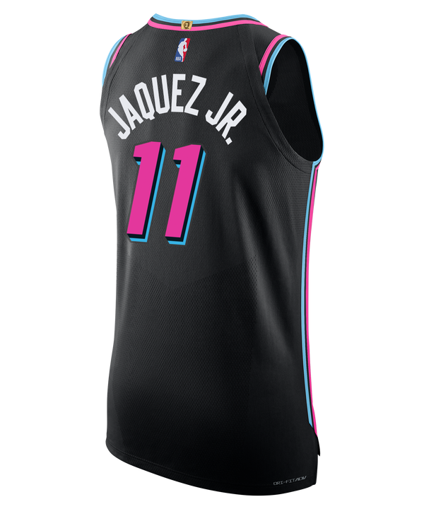 The Nike Jaime Jaquez Jr. Original Vice Nights Authentic Jersey features a black Miami Heat design with neon pink and blue accents, 