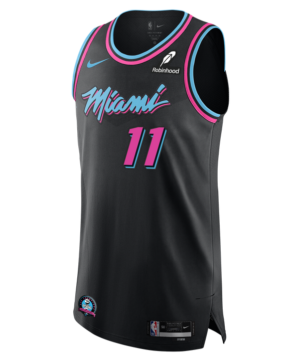 The Nike Jaime Jaquez Jr. Original Vice Nights Authentic Jersey features a black Miami Heat design with neon pink and blue accents, 