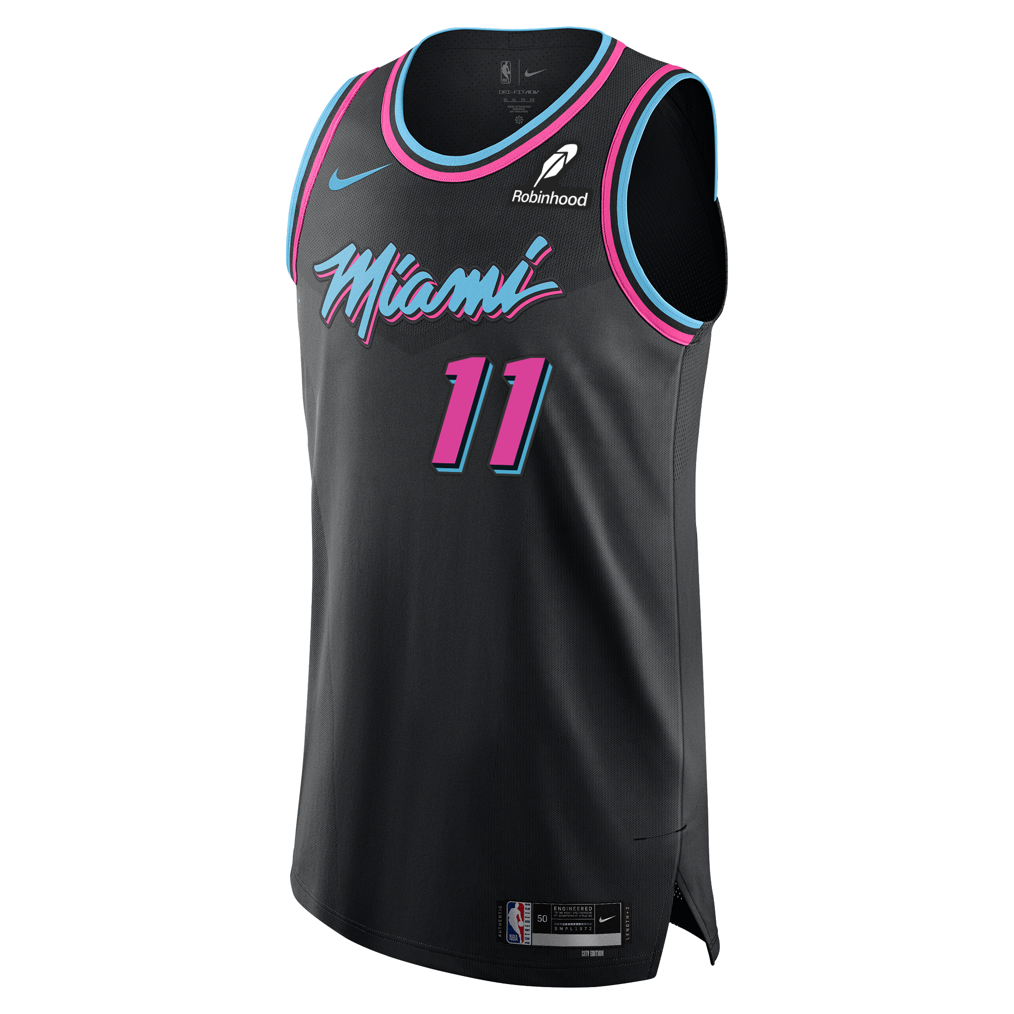 The Jaime Jaquez Jr. Nike Original Vice Nights Authentic Jersey features a black base with pink and blue accents, twill team details, number 11, retro 