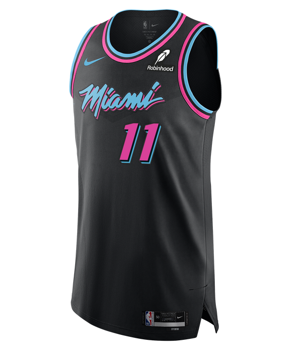 The Jaime Jaquez Jr. Nike Original Vice Nights Authentic Jersey features a black base with pink and blue accents, twill team details, number 11, retro 