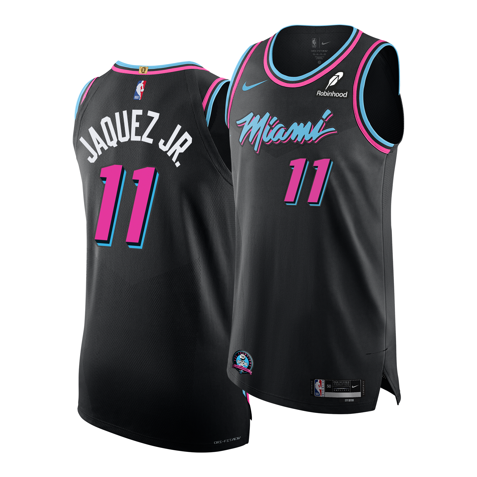 The Jaime Jaquez JR. Nike Original Vice Nights Authentic Jersey features pink and blue accents, displays JAQUEZ JR. and number 11, includes Nike and Robinhood logos, and is available in the Authentic style.