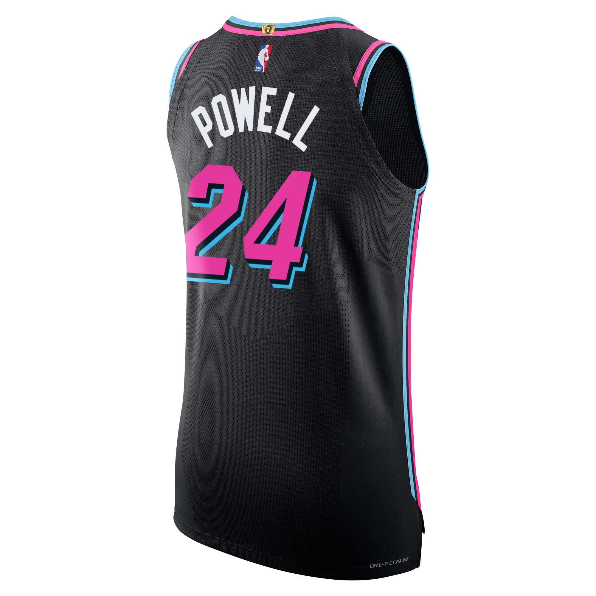 The Nike Norman Powell Original Vice Nights Authentic Jersey features a black design with pink and blue trim, POWELL and 24 in bold pink outlined in blue on the back, NBA logo at the top. Available in Authentic style.