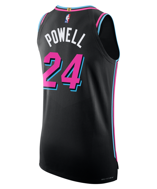 The Nike Norman Powell Original Vice Nights Authentic Jersey features a black Miami Heat design with pink and blue trim, number 24 in pink, stylized Miami text, plus Nike and Robinhood logos above the team name.