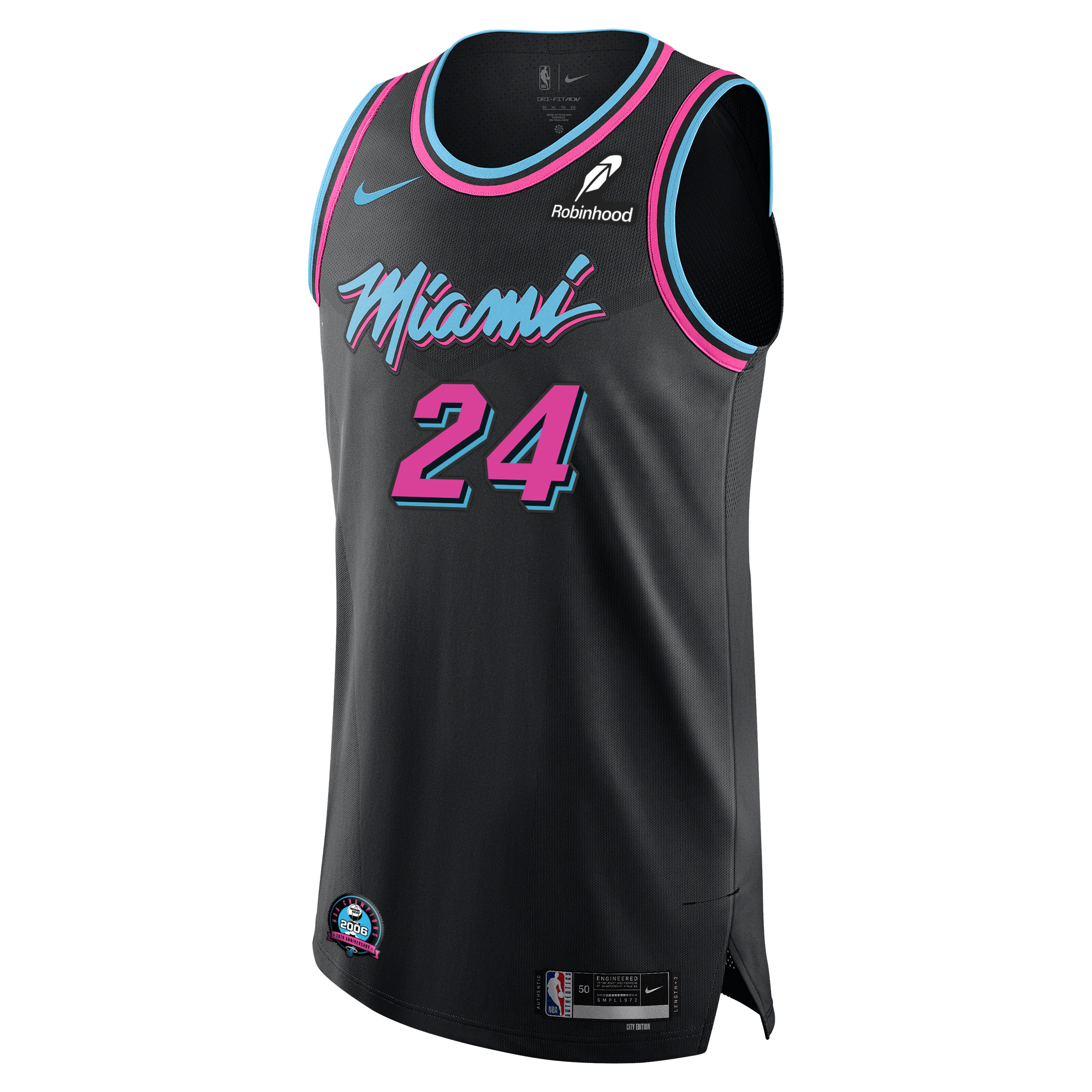 The Nike Norman Powell Original Vice Nights Authentic Jersey features a black Miami Heat design with pink and blue trim, number 24 in pink, stylized Miami text, plus Nike and Robinhood logos above the team name.