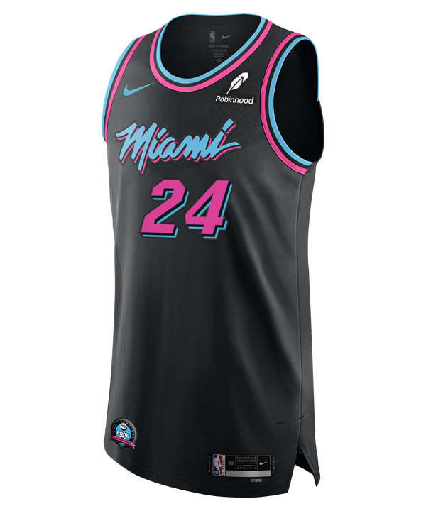 The Nike Norman Powell Original Vice Nights Authentic Jersey features a black Miami Heat design with pink and blue trim, number 24 in pink, stylized Miami text, plus Nike and Robinhood logos above the team name.