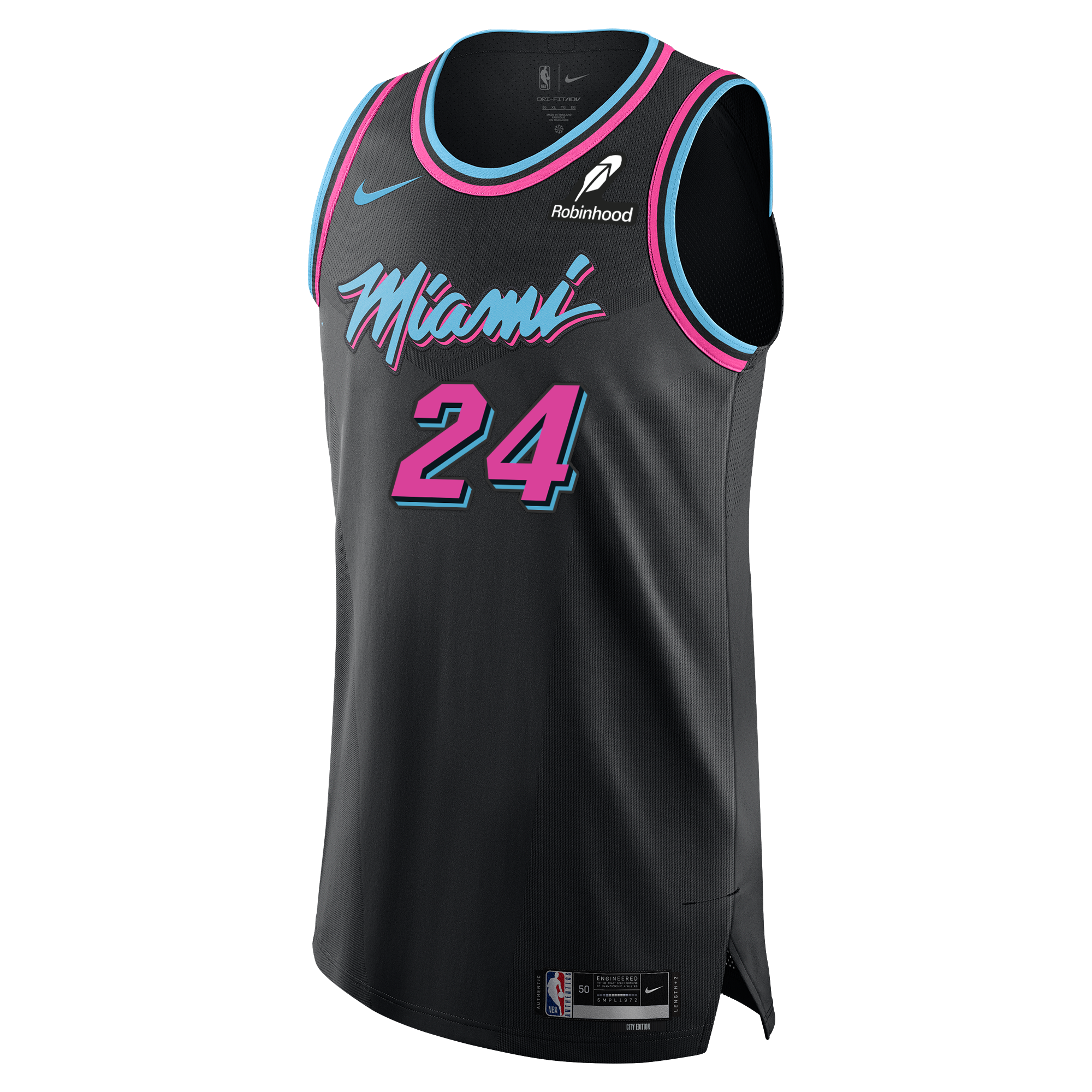 The Nike Norman Powell Original Vice Nights Authentic Jersey features a black base with pink and blue trim, Miami script, number 24 in pink, Nike and Robinhood logos, twill team/player details, and an authentic jock tag.