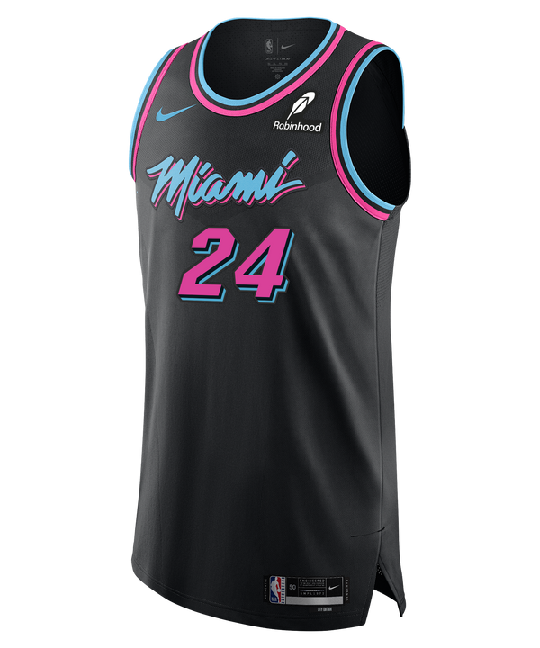 The Nike Norman Powell Original Vice Nights Authentic Jersey features a black base with pink and blue trim, Miami script, number 24 in pink, Nike and Robinhood logos, twill team/player details, and an authentic jock tag.
