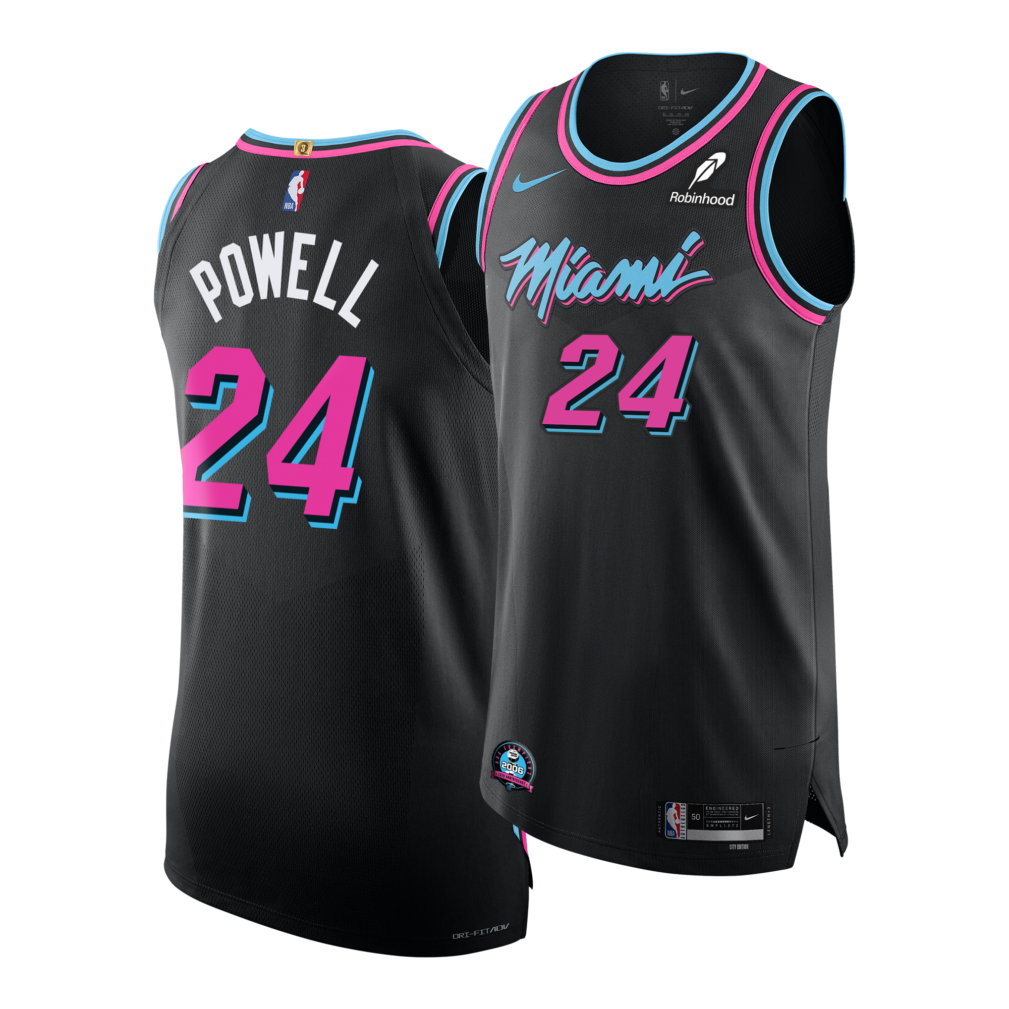 The Norman Powell Nike Vice Nights Authentic Jersey features black fabric with pink, teal, and white accents, 