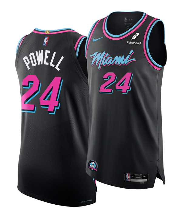 The Nike Norman Powell Original Vice Nights Authentic Jersey features a black Miami Heat design with pink and blue trim, number 24 in pink, stylized Miami text, plus Nike and Robinhood logos above the team name.