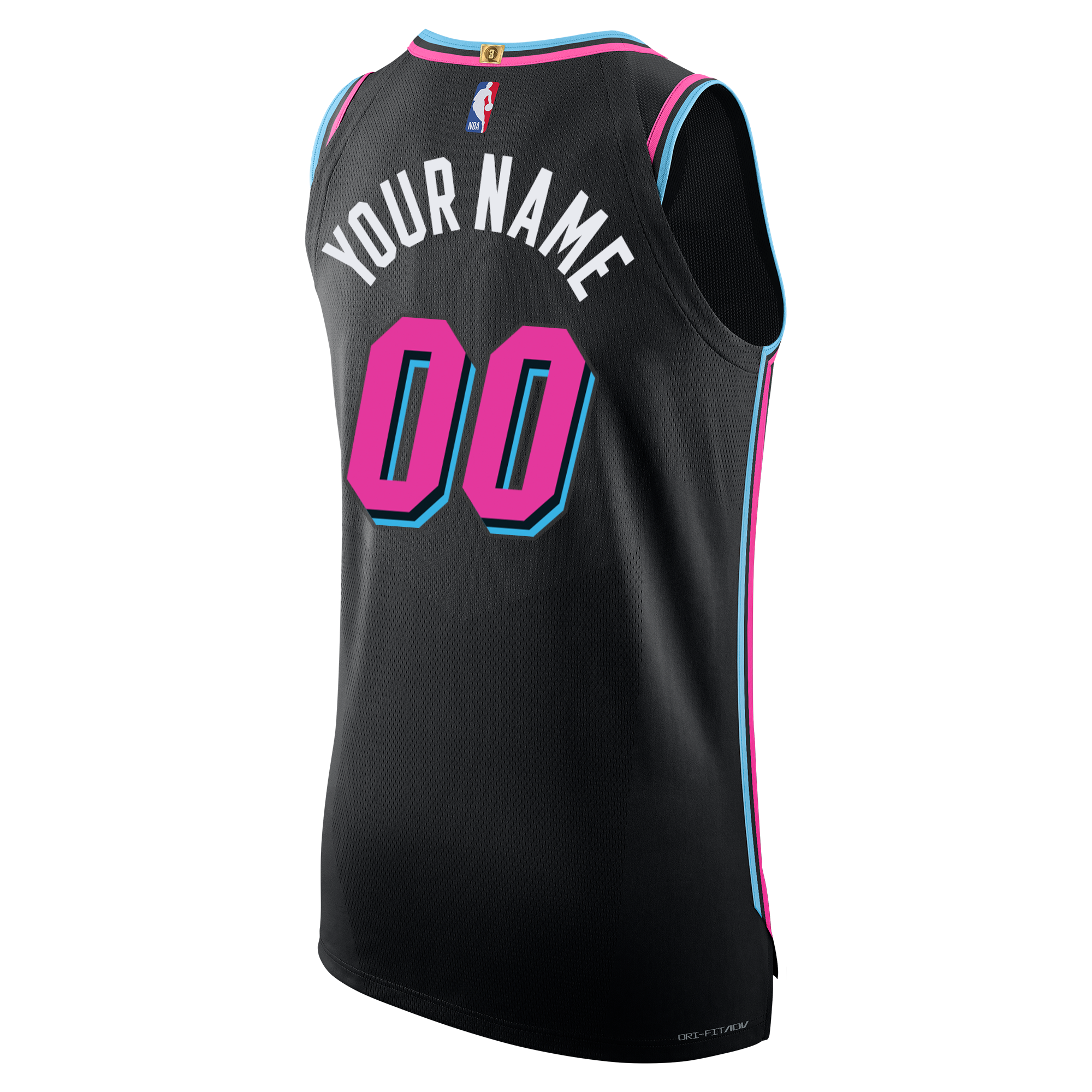 The Nike Personalized Original Vice Nights Authentic Jersey features black fabric with pink and blue accents, customizable with YOUR NAME and the number 00 on the back, displayed against a plain background.