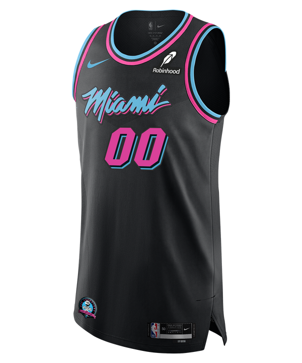 Two black Nike Personalized Original Vice Nights Authentic Jerseys with pink and blue accents are shown. The front displays “Miami” and 00; the back features your custom name and 00. Nike branding is visible on both sides.