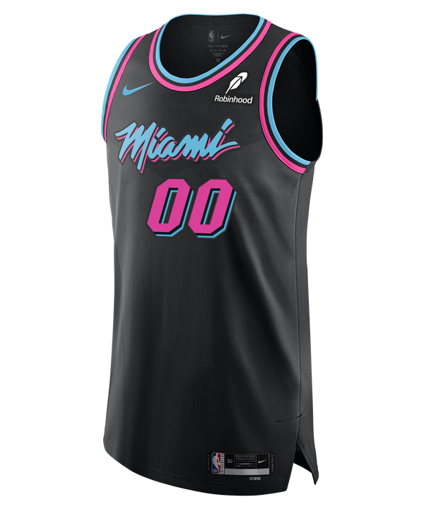The Personalized Nike Original Vice Nights Authentic Jersey features a black Miami Heat design with pink and blue accents, 