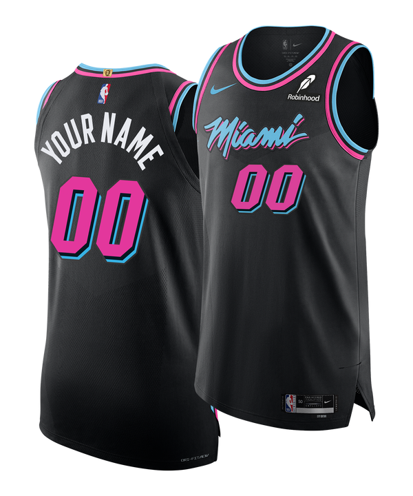 The Personalized Nike Original Vice Nights Authentic Jersey features a black Miami Heat design with pink and blue accents, 