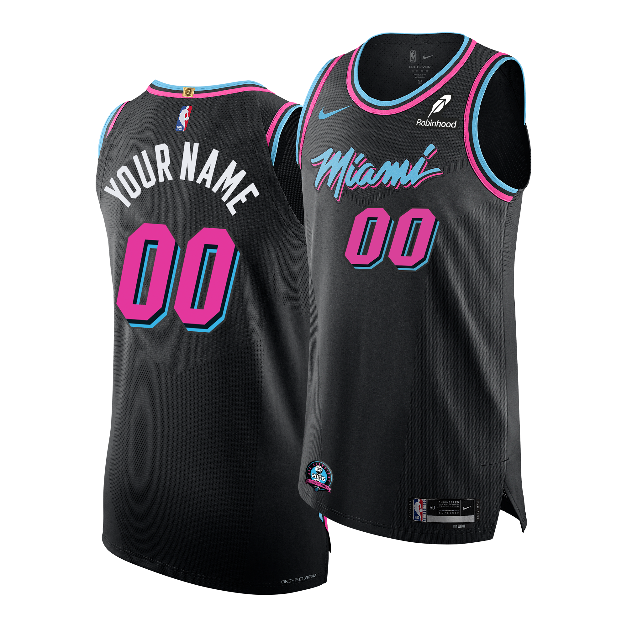 Two black Nike Personalized Original Vice Nights Authentic Jerseys with pink and blue accents are shown. The front displays “Miami” and 00; the back features your custom name and 00. Nike branding is visible on both sides.