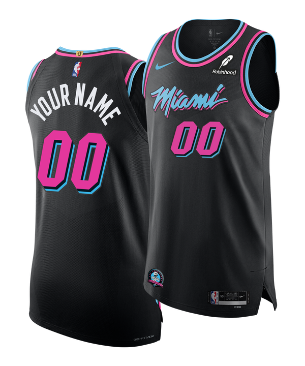 Two black Nike Personalized Original Vice Nights Authentic Jerseys with pink and blue accents are shown. The front displays “Miami” and 00; the back features your custom name and 00. Nike branding is visible on both sides.