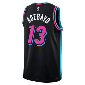The Nike Bam Adebayo Original Vice Nights Swingman Jersey features Miami Heat's black, blue, and pink design with ADEBAYO and 13 on the back, inspired by iconic Vice Night jerseys.