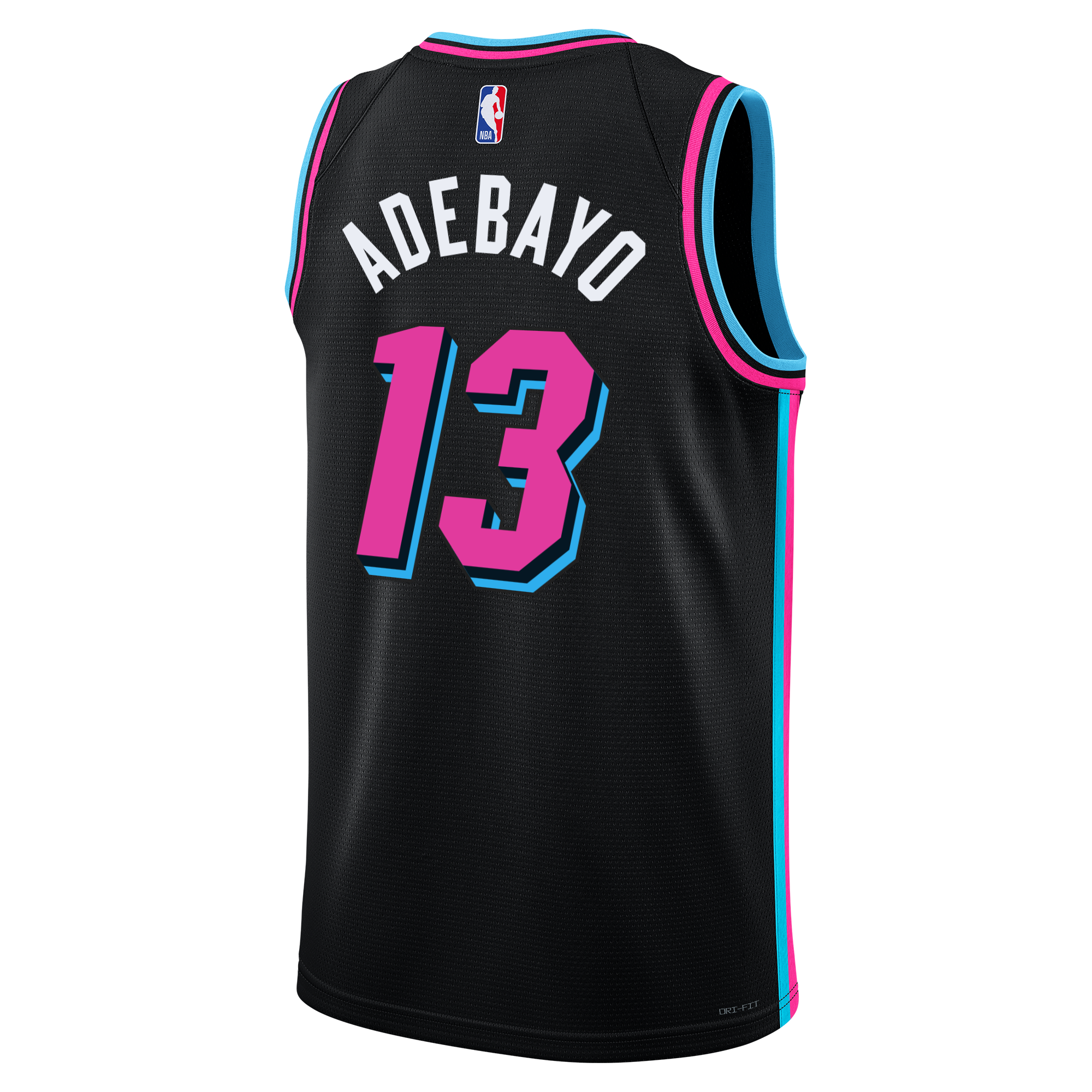 The Bam Adebayo Nike Original Vice Nights Youth Swingman Jersey features ADEBAYO in white, number 13 in pink/blue, Dri-FIT tech, NBA and Nike logos, aqua/pink trim, celebrating Miami’s 20th Anniversary NBA Championship style.
