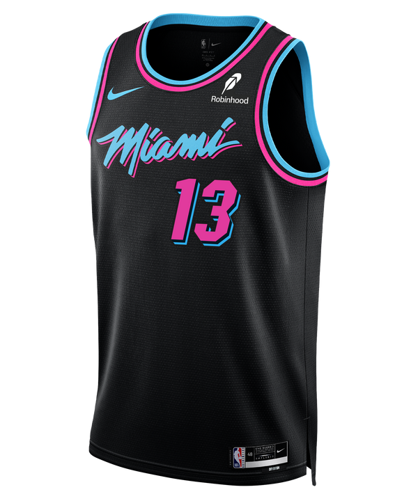 The Bam Adebayo Nike Original Vice Nights Youth Swingman Jersey features a black Miami Heat design with pink and blue accents, the team name and number 13 in pink/blue, Nike and Robinhood logos, an NBA tag, and Dri-FIT moisture-wicking comfort.