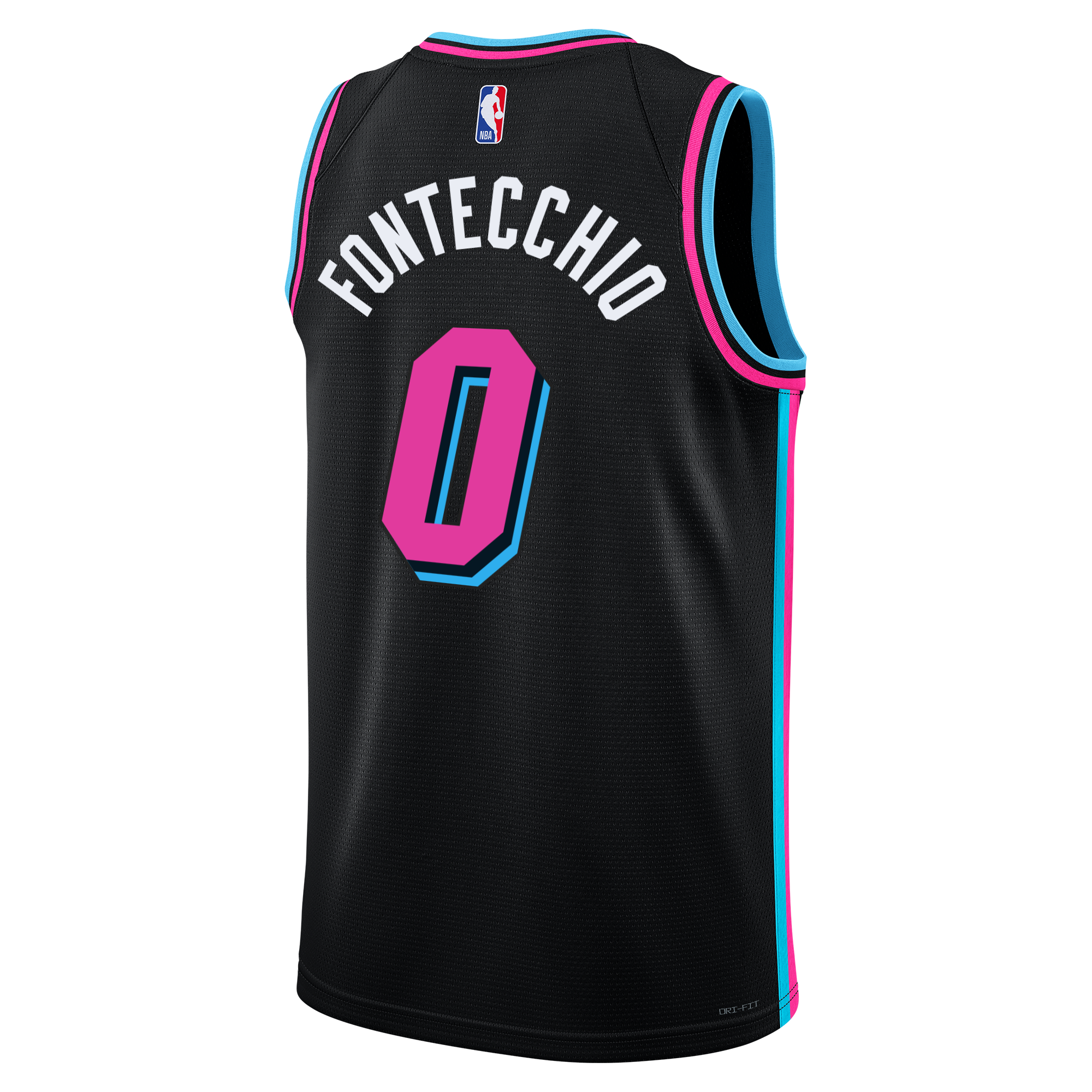 The Simone Fontecchio Nike Original Vice Nights Swingman Jersey features FONTECCHIO and number 0 in pink and blue on black, with teal and pink trim, NBA logo, inspired by HEAT Vice Night jerseys.