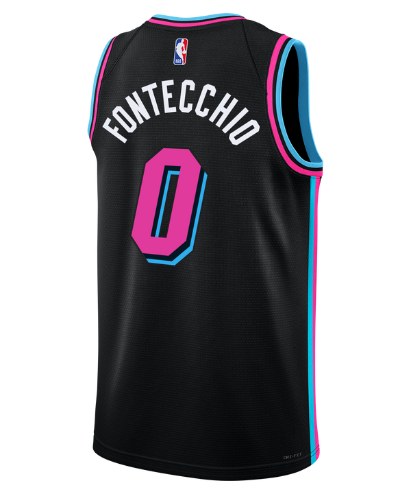 The Simone Fontecchio Nike Original Vice Nights Swingman Jersey features black fabric with blue and pink trim, Miami in pink script, a blue/pink number 0, Nike, Robinhood, NBA logos, and a 2006 championship patch.