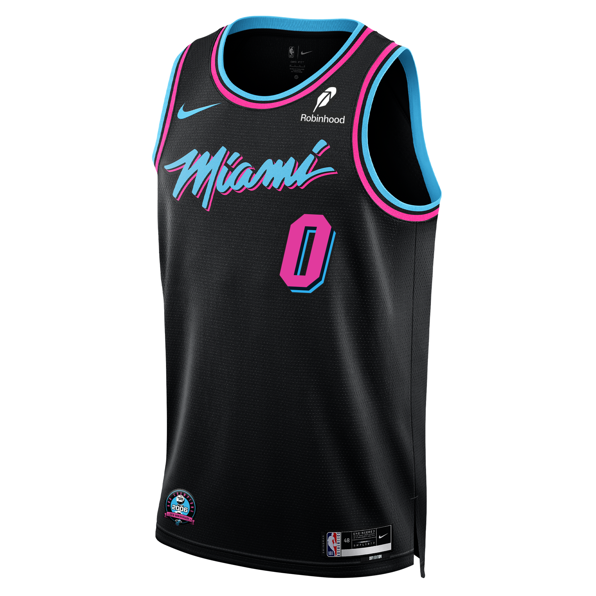 The Simone Fontecchio Nike Original Vice Nights Youth Swingman Jersey features a black design with blue and pink trim, 
