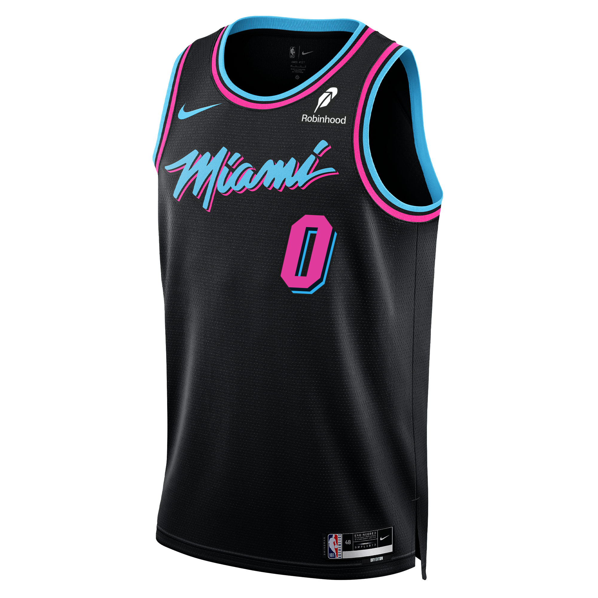 The Simone Fontecchio Nike Original Vice Nights Swingman Jersey features Miami in pink script, number 0, pink/blue accents, and NBA, Robinhood, and Nike logos. Made of polyester in a standard fit; for best care, air dry.