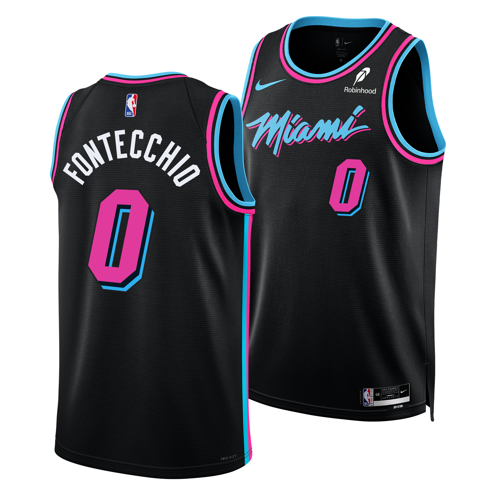 Two Nike Simone Fontecchio Original Vice Nights Youth Swingman Jerseys in black with pink/blue accents. 