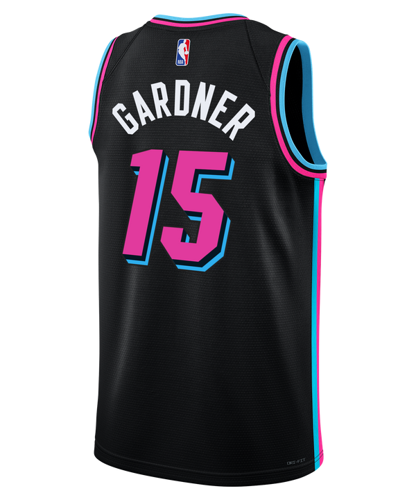 The Nike Myron Gardner Original Vice Nights Youth Swingman Jersey features Miami in pink/blue script, number 15 in blue with pink outline, blue/pink trim, and official sponsor logos.