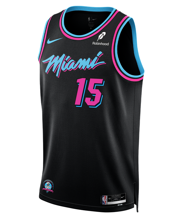 The Nike Myron Gardner Original Vice Nights Youth Swingman Jersey features Miami in pink/blue script, number 15 in blue with pink outline, blue/pink trim, and official sponsor logos.
