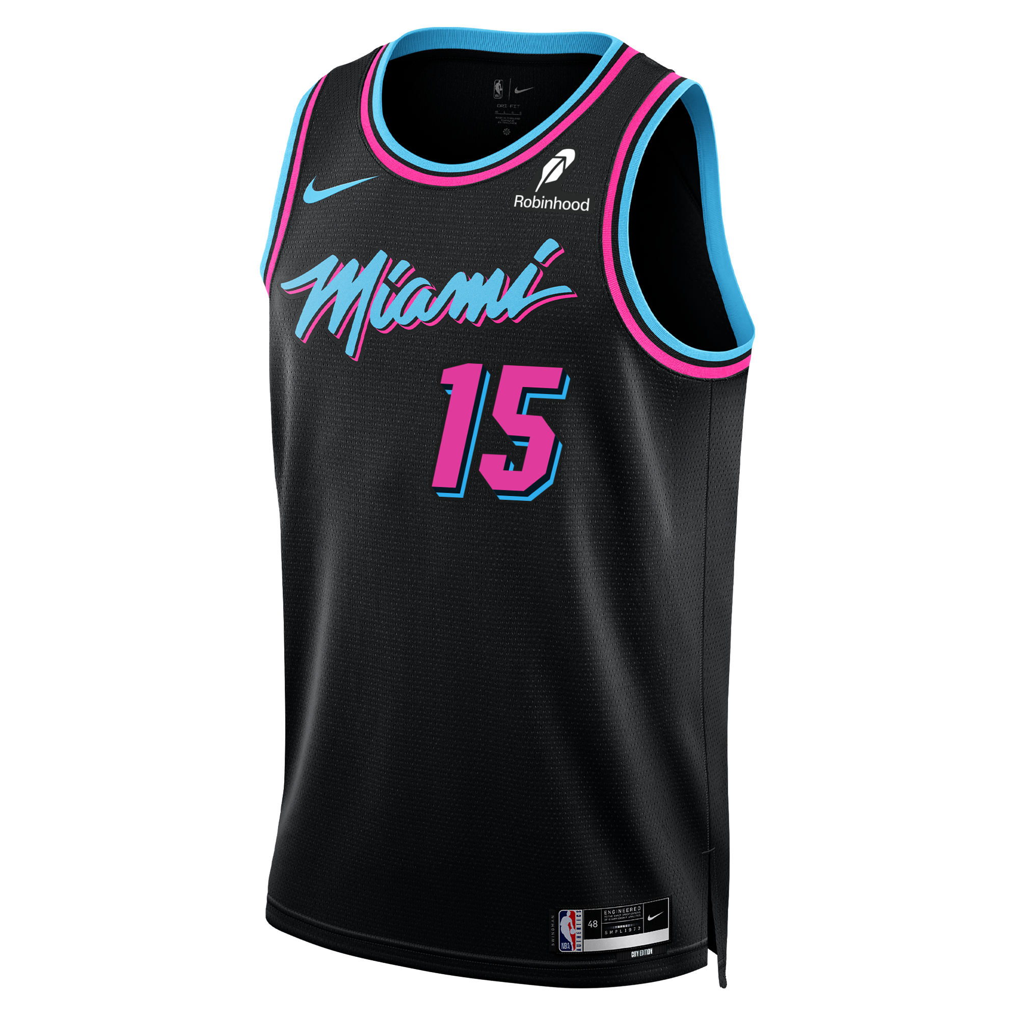 The Nike Myron Gardner Original Vice Nights Swingman Jersey features a black polyester build, blue and pink trim, pink 