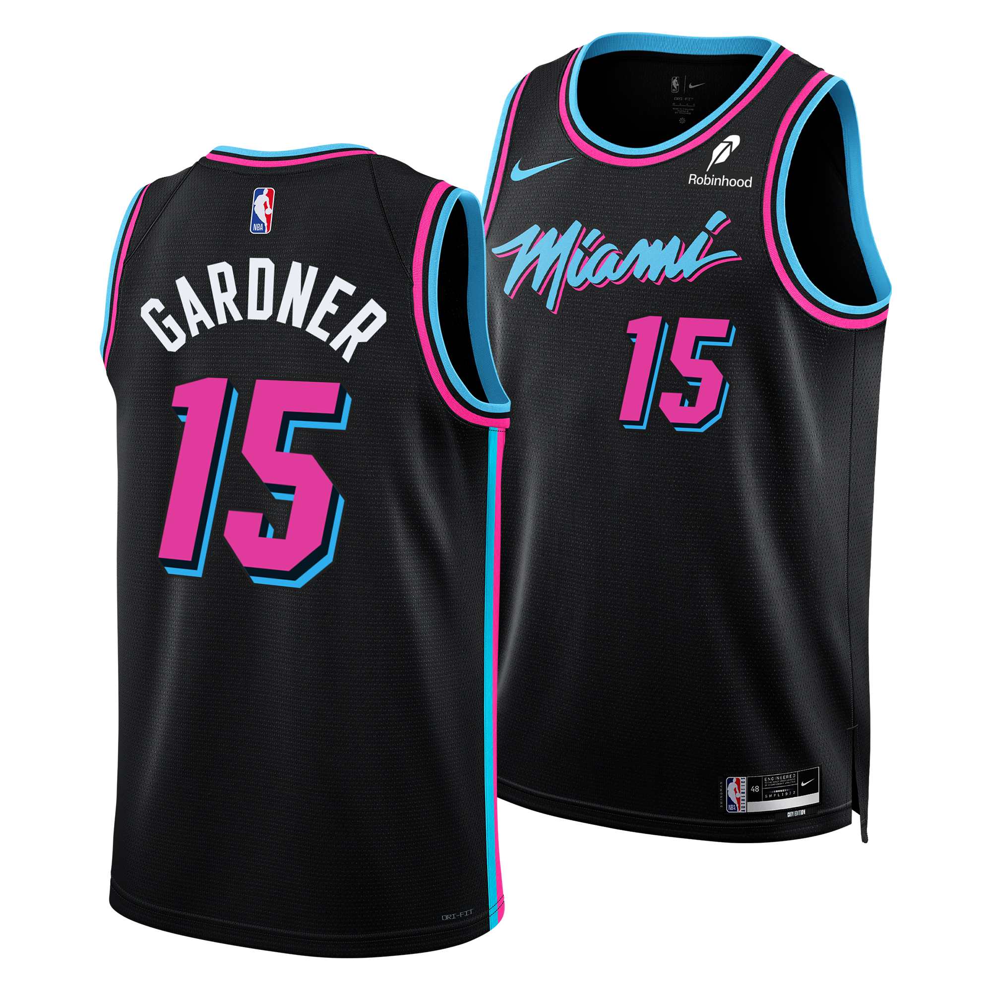 Two views of the Nike Myron Gardner Original Vice Nights Youth Swingman Jersey in black with blue and pink accents, number 15. 