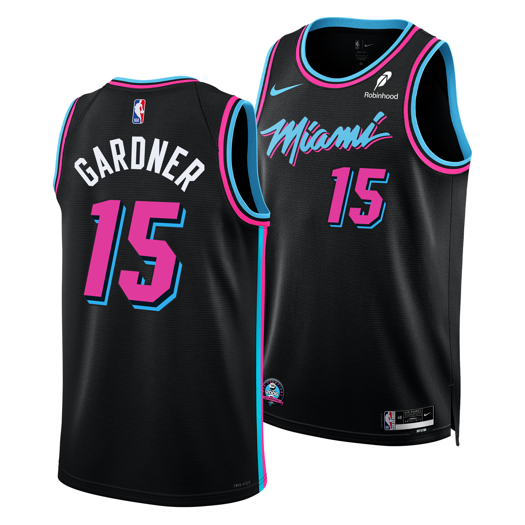 Front and back of the Nike Myron Gardner Original Vice Nights Youth Swingman Jersey in black with pink and blue accents, number 15, stylized Miami logo, optional 2006 NBA Championship patch, and 