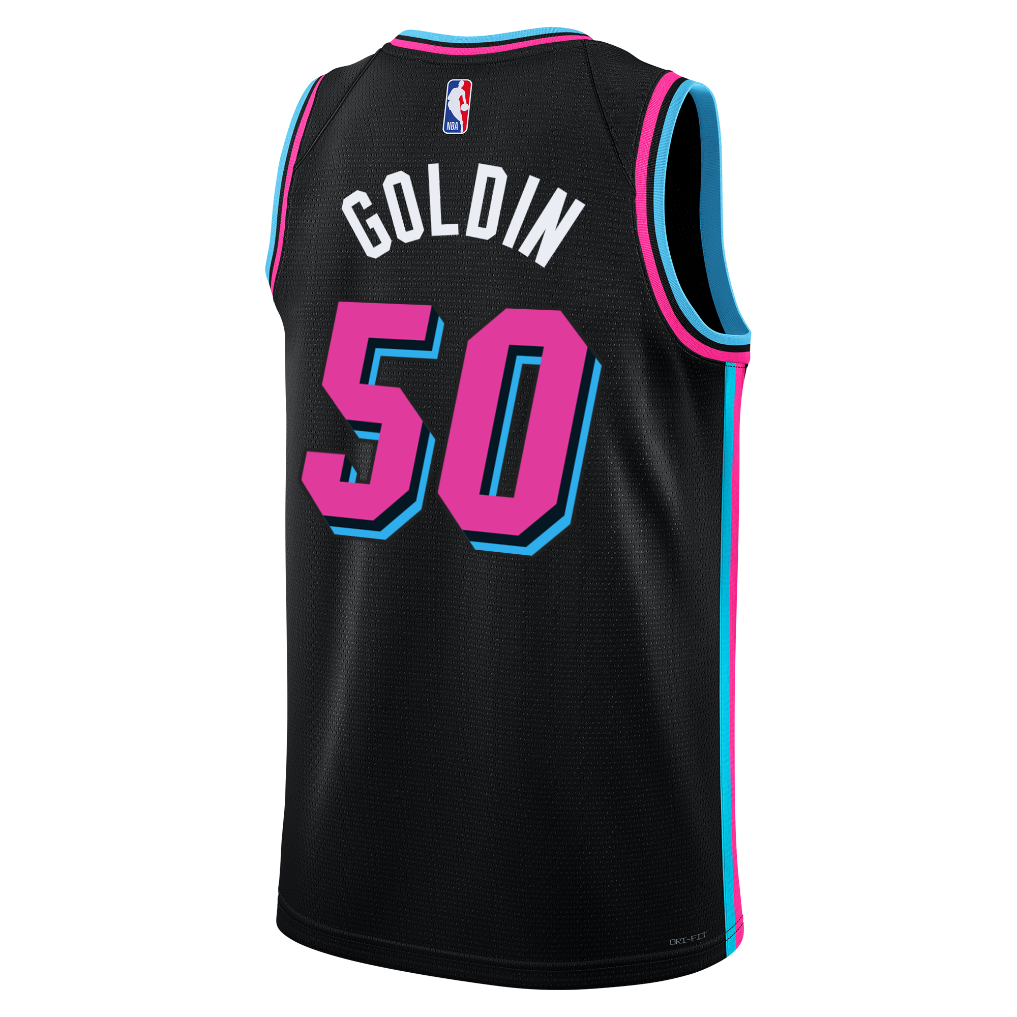 The Nike Vladislav Goldin Original Vice Nights Swingman Jersey features black fabric with teal and pink trim, NBA logo at the neck, a 2006 Championship patch, and GOLDIN above a large pink/blue number 50 on the back.